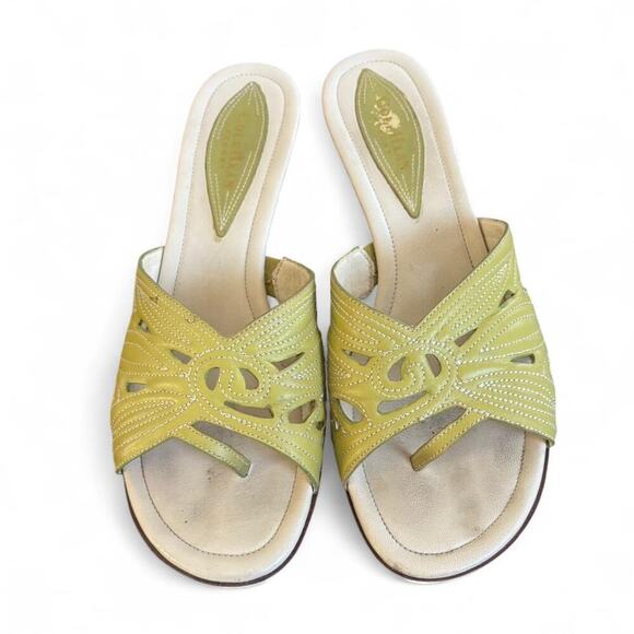 90's‎ VINTAGE COLE HAAN GREEN LEATHER KITTEN SANDALS HEELS SLIDES SZ. 7. - Picture 3 of 8